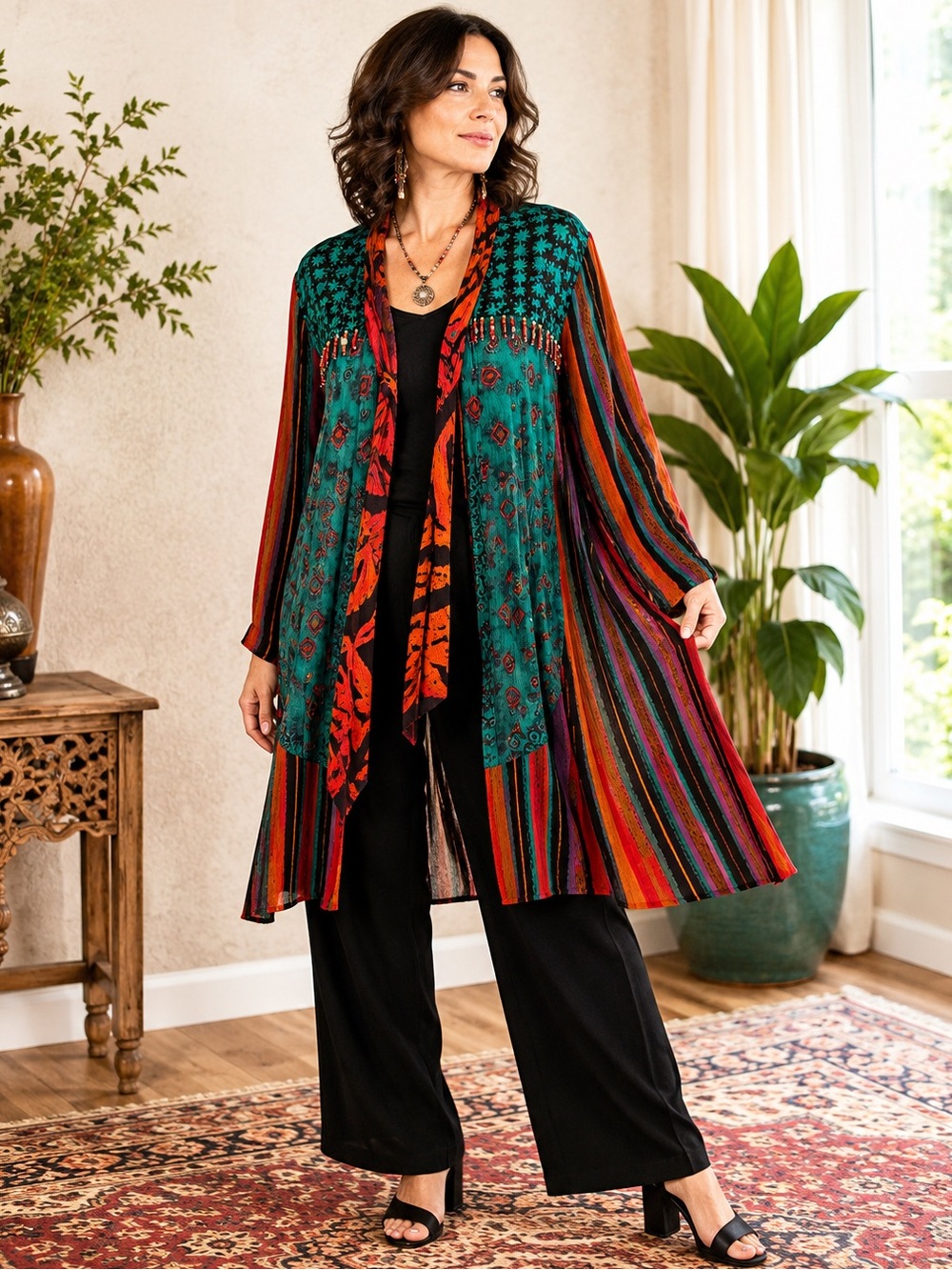 Vintage 80s Carole Little Rayon Beaded Scarf Tie Duster Jacket Sz 24